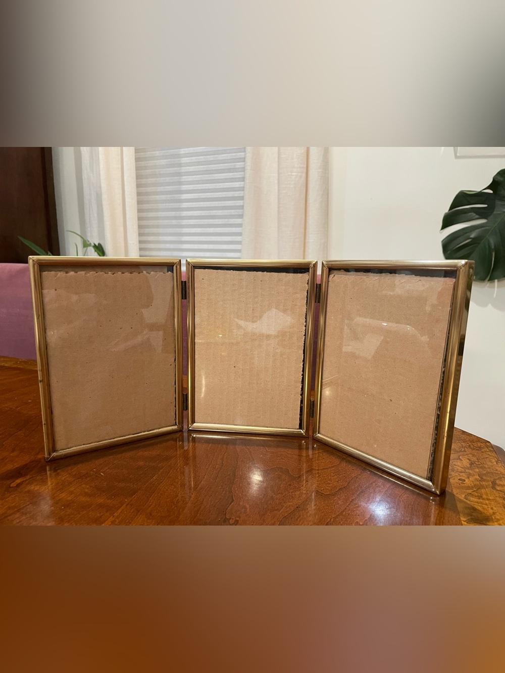 Vintage Boston Burnes Brass Foldable Triple Photo Frame - Trifold - Gold Finish